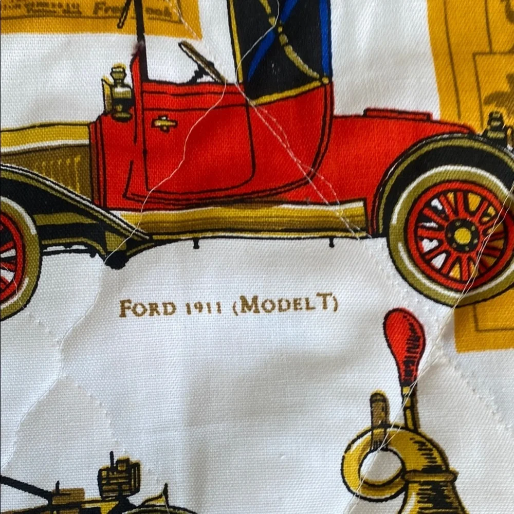 Vintage Car Print Quilt with Red and Black Border Cottagecore Retro Prairie